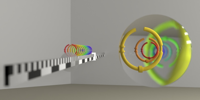 Erst hier ist der 3. (gelbe) Ring scharf wirklich abgebildet; sein Bild liegt also weit hinter der Linse auf der jetzigen Entfernung des leuchtenden kleinen Rechtecks. Bildposition 11.jpg