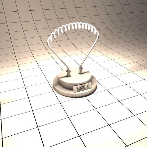 5000 K, das Licht ist prinzipiell immer noch gelblich, aber die Gesamtintensität ist inzwischen hoch genug, dass sich das digitale Bild im Bereich der Wendel der Sättigungshelligkeit annähert. Strahler 05000K.jpg
