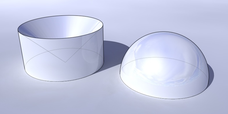 Herleitung des Kugelvolumens mittels Cavalieri durch Vergleich eines Zylinders mit Aussparung in Kegelform mit einer Halbkugel Kugel Cavalieri 01.jpg