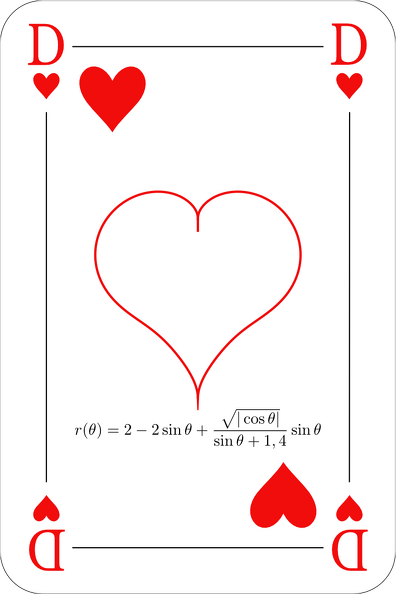 Wenn man lange genug bastelt oder buddelt (ein Dank an Wolfram Alpha), dann findet man Polarkurven, die einem Symbolherz ziemlich nahe kommen. Das hier ist eine davon. Herz 12 Dame.png